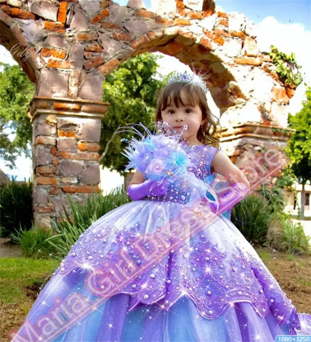 New Flower Girl Dress Lavender Appliqué Fluffy Bow Kids Birthday Pageant Party Dress