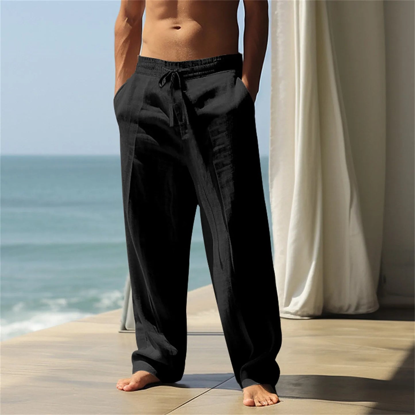 Loose Men's Cotton Linen Pants Summer Breathable Solid Color Trousers Fitness Streetwear Plus Size