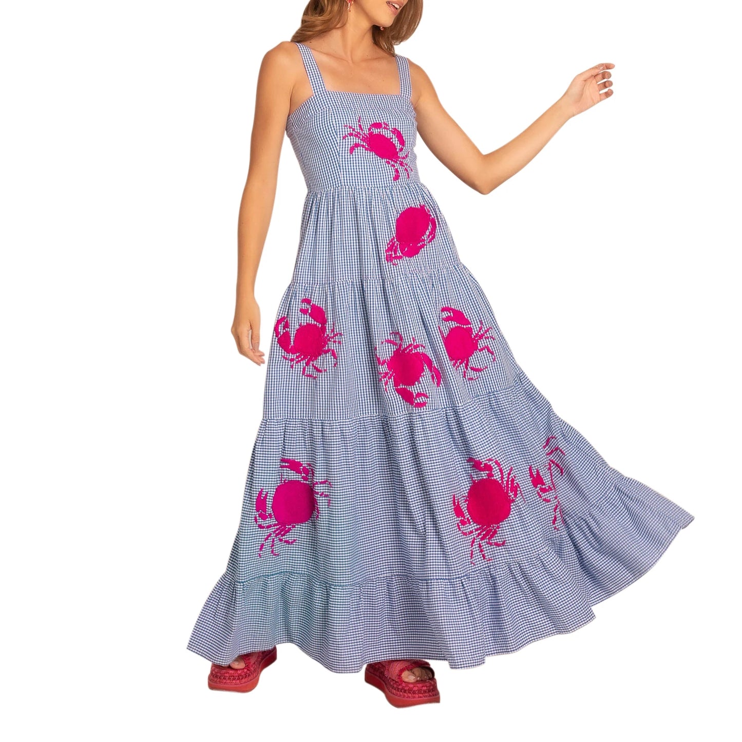 Women’s Boho Floral Print Spaghetti Strap Maxi Dress V Neck Sleeveless Summer Beach Dress with Tiered Skirt and Embroidery