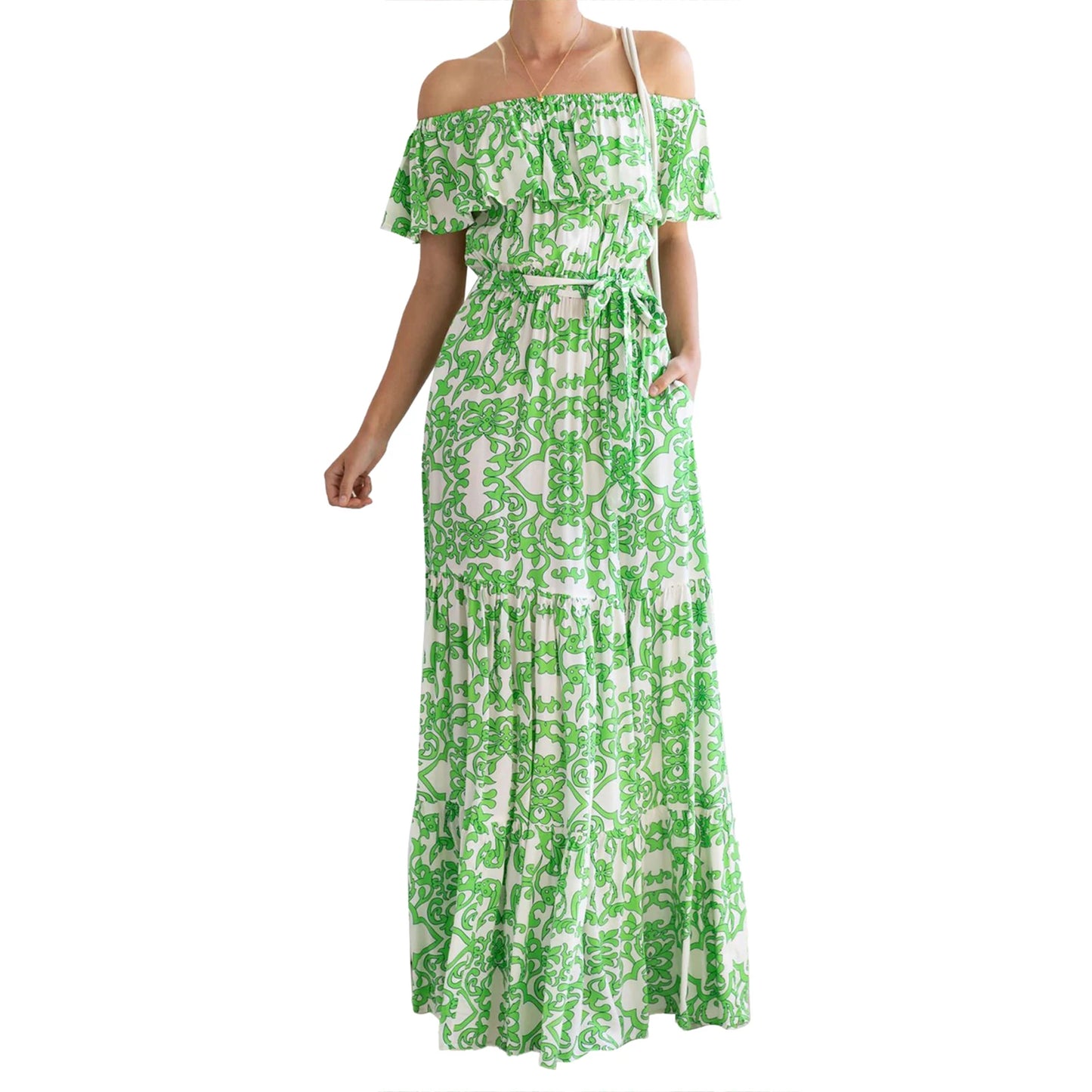 Women Long Off Shoulder Floral Print Casual Ankle Length Dress for Spring and Summer