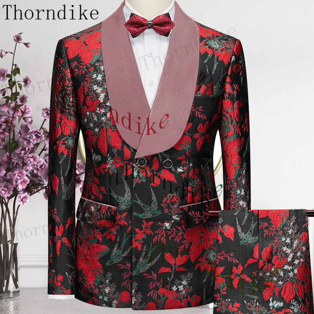 Thorndike 2023 New Design Burgundy Suits for Men 2 Piece Blazer Set Casual Double Breasted Travel Wear Jacket and Pant