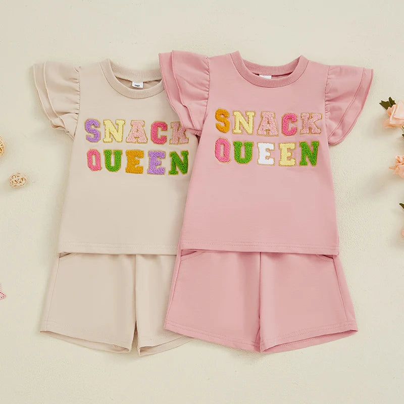 Lioraitiin Baby Girls Summer Outfits Short Sleeve O Neck Letter Embroidery Tops Solid Color Shorts Sets 1-3 Years