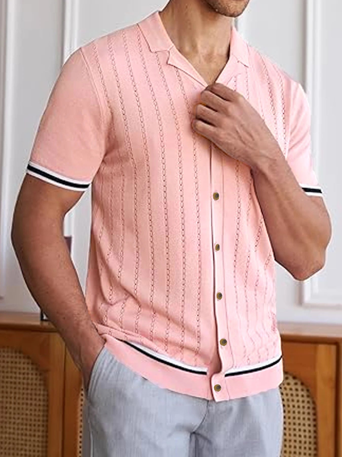 Summer Clothes Men's V Neck Textured Retro Button Front Knit Cardigan Regular Fit Plain Short Sleeve Collared Top