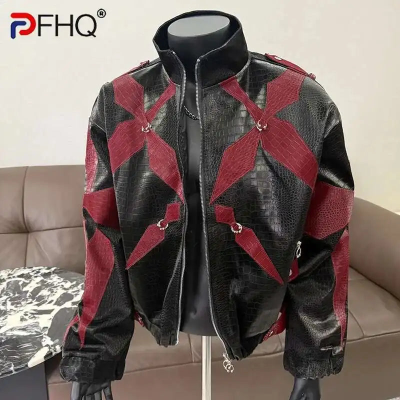 PFHQ Men's PU Leather Jacket 2025 Zipper Stand Collar Contrast Color Korea Fashion Darkwear Casual Male Tops
