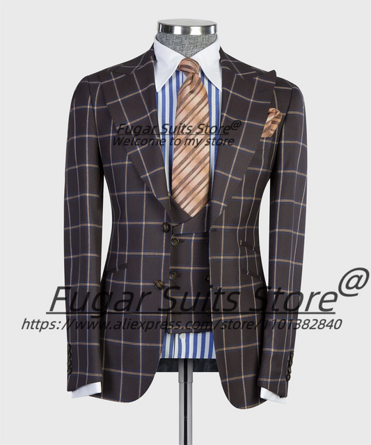 British Style Business Plaid Men's Suit Office Work Slim Fit Peak Blazer 3 Piece Set Classic Tuxedo Ropa Hombre