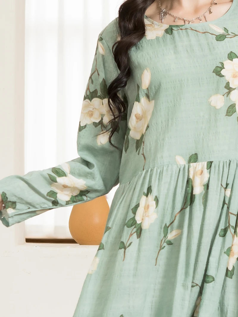 Casual Round Neck Floral Print Long Dress Mint Green for Women Stylish Regular Sleeve Spring Fashion