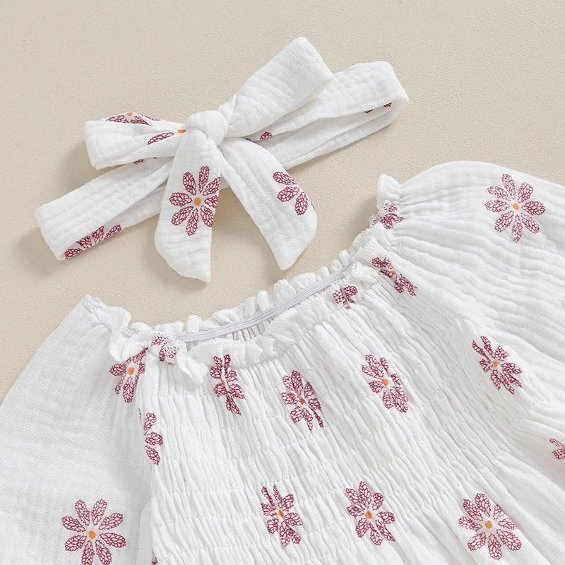 Spring Baby Girl Floral Print Off Shoulder Long Sleeve Dress with Headband