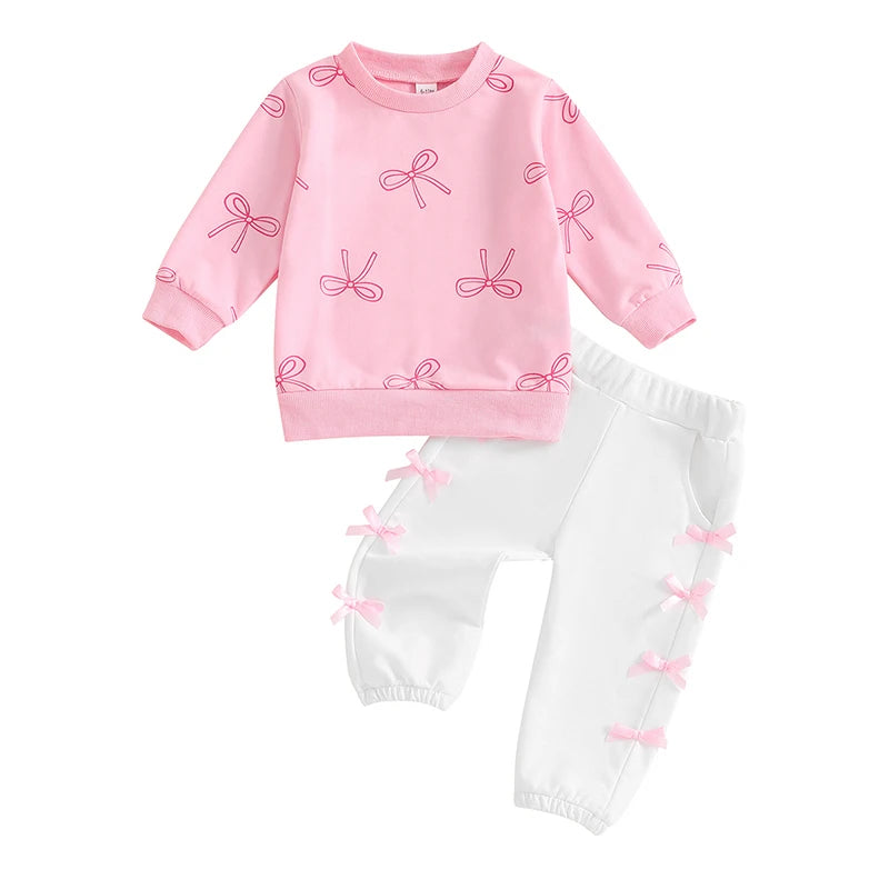 Lioraitiin Toddler Girls Bow Print Long Sleeve Sweatshirt and Elastic Pants Set 2 Pieces Fall Outfit for Ages 1 to 3 Years