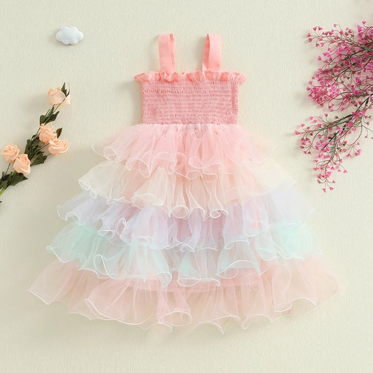 Lioraitiin Baby Girls Slip Dress Casual Sleeveless Contrast Color Layered Summer A-Line Tulle Princess Dress