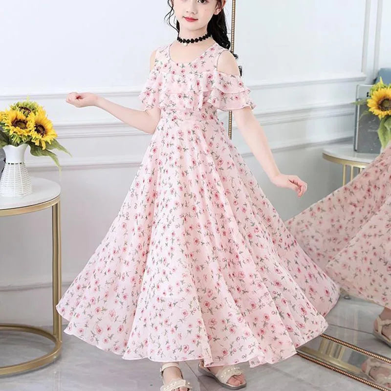 Girls Sweet Flower Princess Dress Summer Puff Sleeve Floral Casual Dress Korean Fashion Children's Clothing