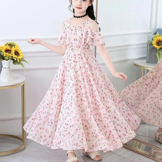 Girls Sweet Flower Princess Dress Summer Puff Sleeve Floral Casual Dress Korean Fashion Children's Clothing