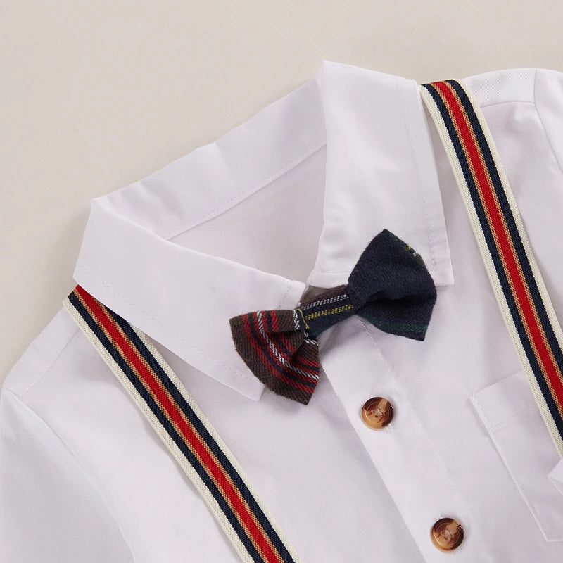 Toddler Boy Formal Wear Stylish Long Sleeve Shirt with Bowtie and Plaid Suspender Pants 2 Piece Set