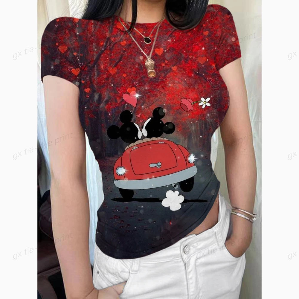 2024 Summer New Short Sleeve T-Shirt Women Mickey Mouse Print Simple Casual Soft All-Match Basic Tops Tees Summer Fashion