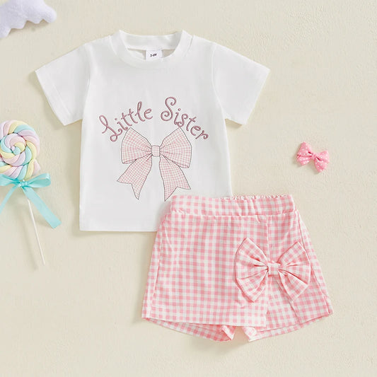 Lioraitiin Baby Girl Shorts Set Bow Letter Short Sleeve T-Shirts Plaid Elastic Waist Skorts Summer Outfit 2024