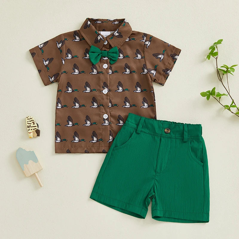 Adorable Infant Boy's Summer Ensemble Featuring Cute Duck Print Shirt and Matching Shorts