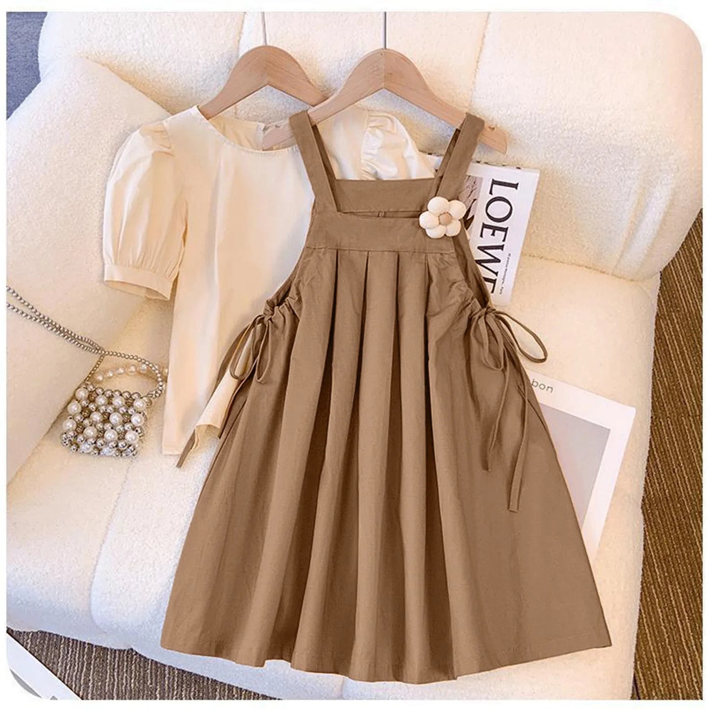 Girl Summer Dress Outfit Short Sleeve Top and Suspender Skirt Set Kids 2Pcs Children's Printed Shirt and Shorts Suit