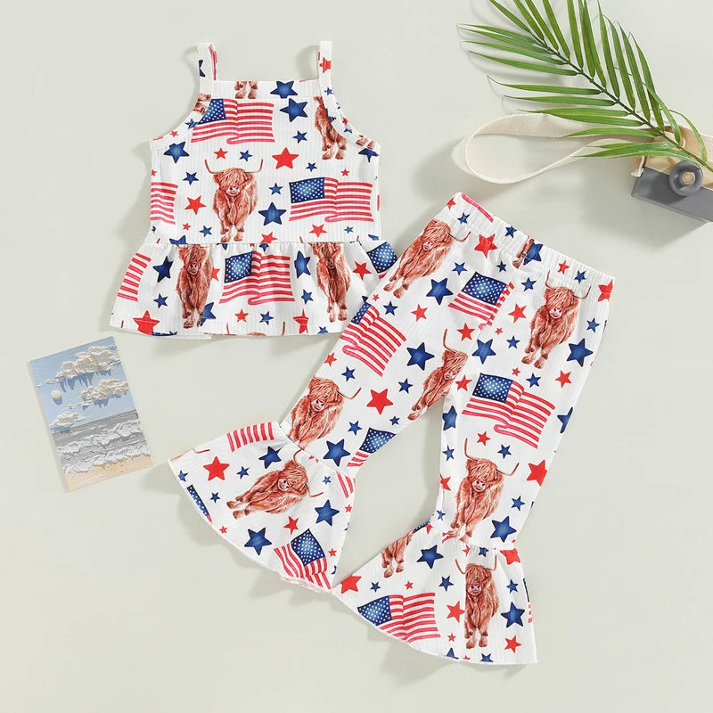 Lioraitiin Toddler Girl Clothes Suit Sleeveless Off Shoulder Vest Tops and Long Bell Bottom Pants for Ages 0 to 4 Years