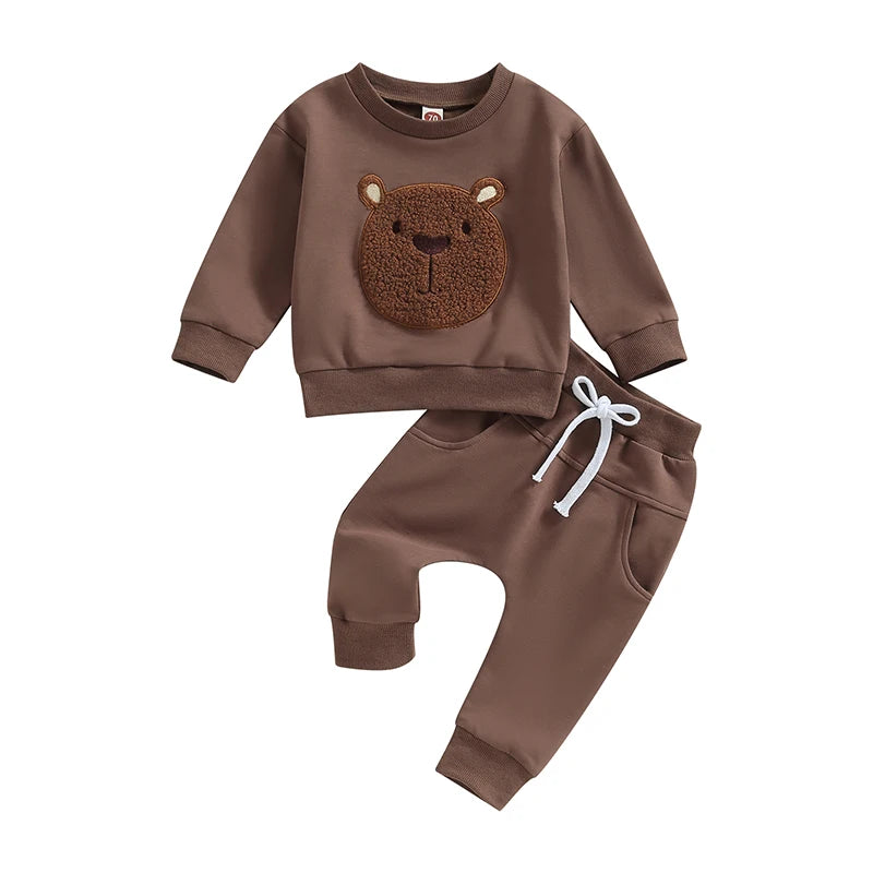 Lioraitiin Toddler Baby Boy Girl 2Pcs Fall Outfits Long Sleeve Bear Embroidery Tops Pocket Pants Set 0-3 Years