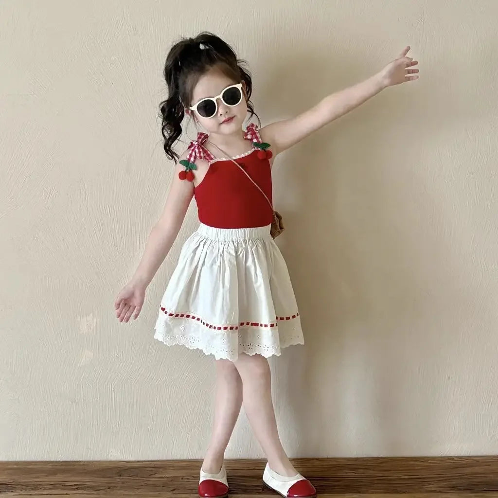Children's Cherry Knit Halter Top and Skirt 2 Piece Set Toddler Girl Boutique Clothes