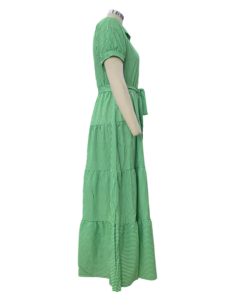 Women's New Fashion Stripe Printed Short Sleeve Loose Waist Strap Long Collar Ankle Single Breasted Dress