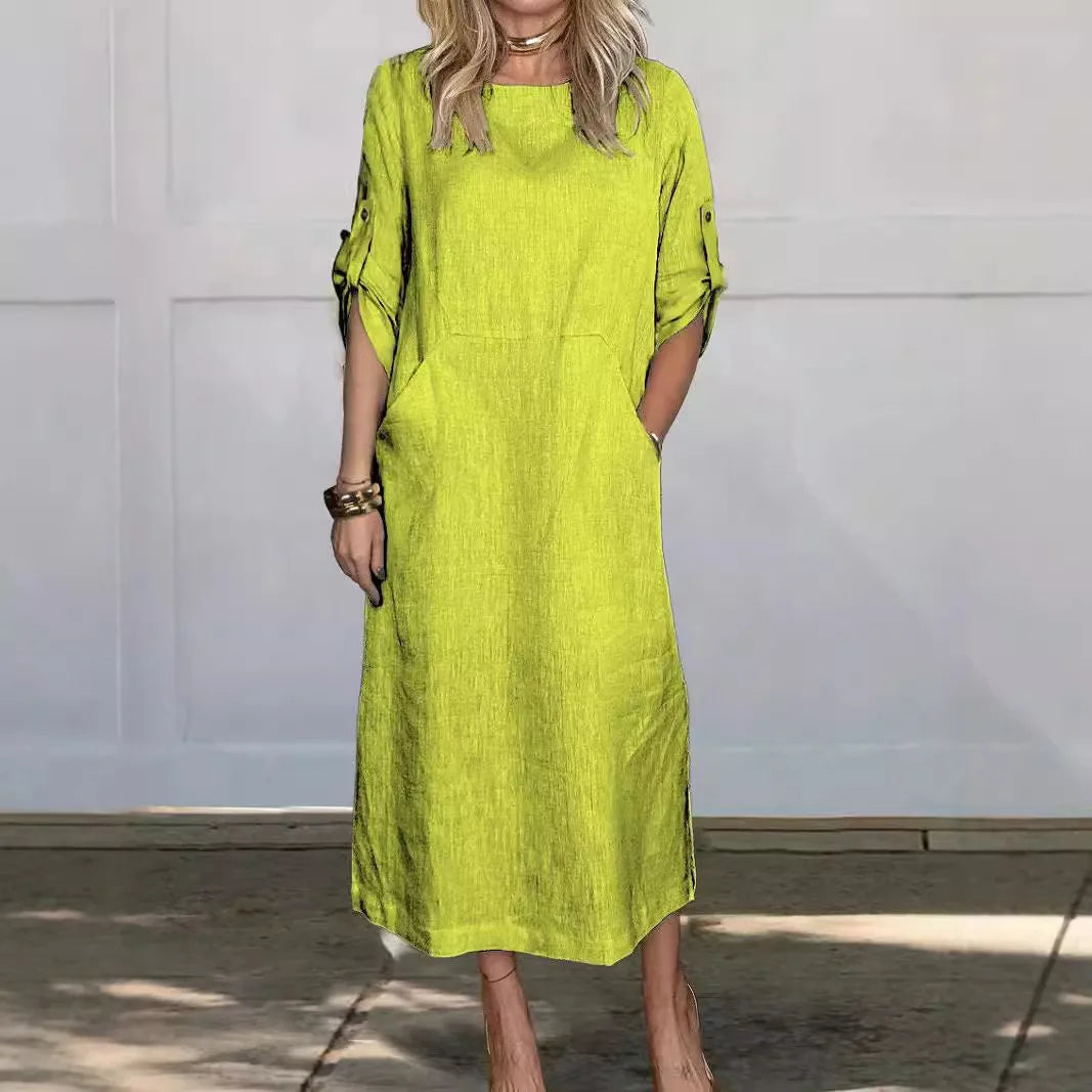 Women's Spring Solid Color Linen Dress Big Pocket Splic Short Sleeve Elegant Dress Summer Casual Long Dresses Daily Comfy Robe