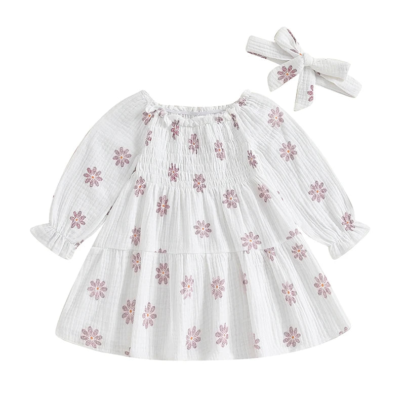 Spring Baby Girl Floral Print Off Shoulder Long Sleeve Dress with Headband