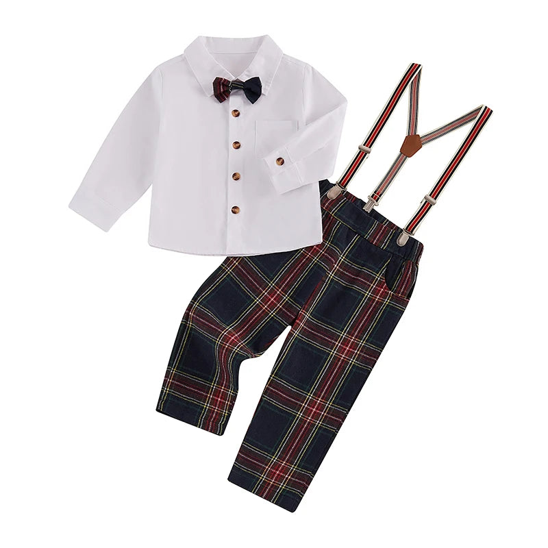 Toddler Boy Formal Wear Stylish Long Sleeve Shirt with Bowtie and Plaid Suspender Pants 2 Piece Set