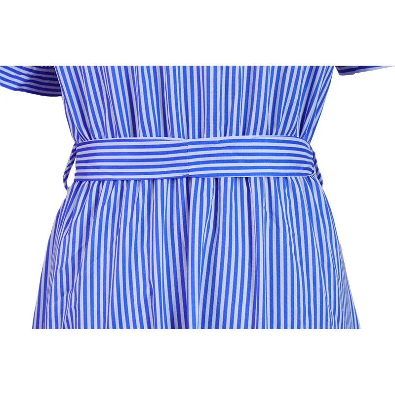 Women's New Fashion Stripe Printed Short Sleeve Loose Waist Strap Long Collar Ankle Single Breasted Dress
