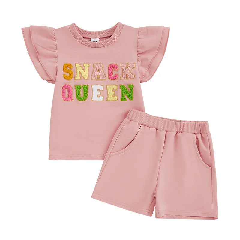 Lioraitiin Baby Girls Summer Outfits Short Sleeve O Neck Letter Embroidery Tops Solid Color Shorts Sets 1-3 Years