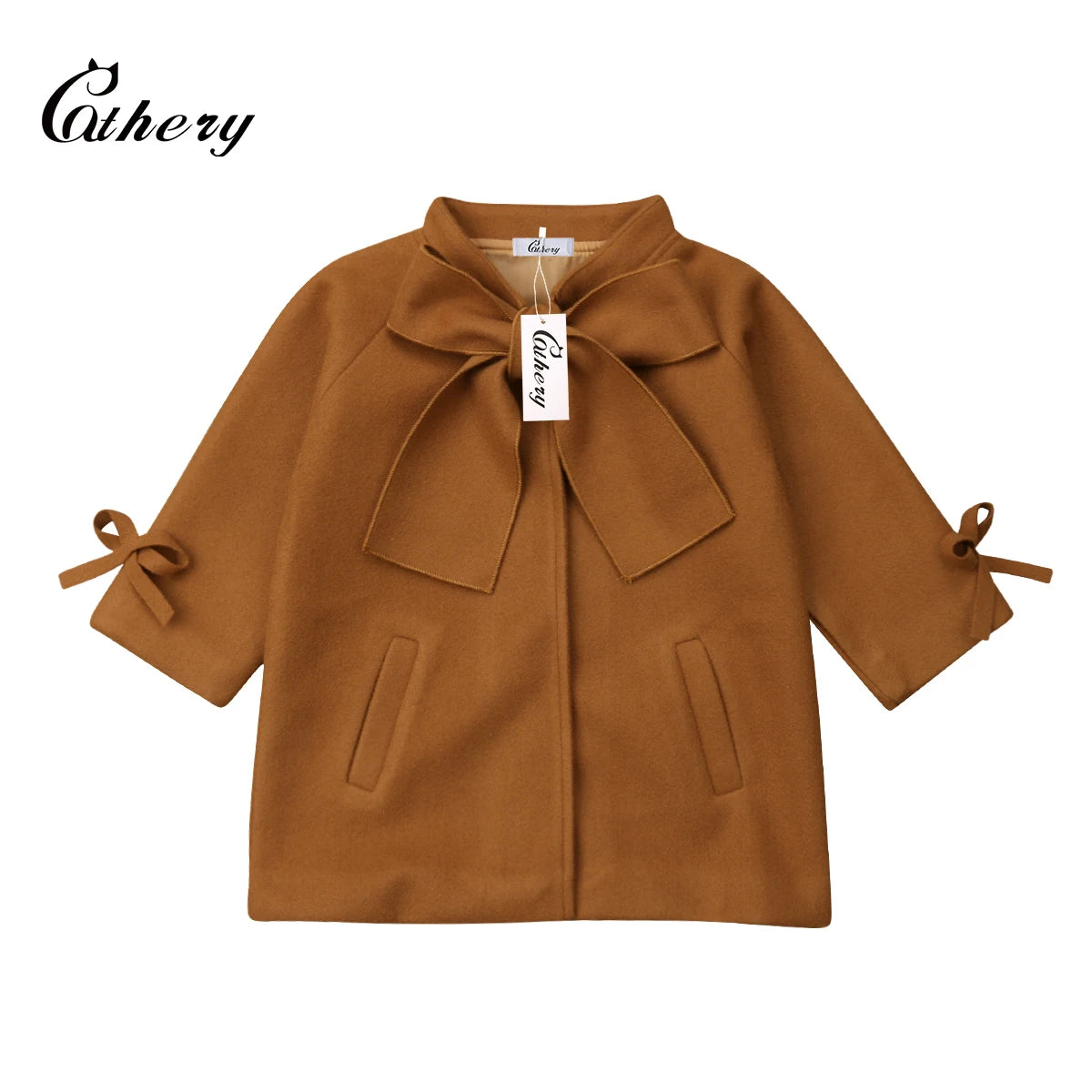 Girls Lightweight Solid Color Windbreaker Jacket with Loose Bow Neck and Side Pockets for Outdoor Fashion