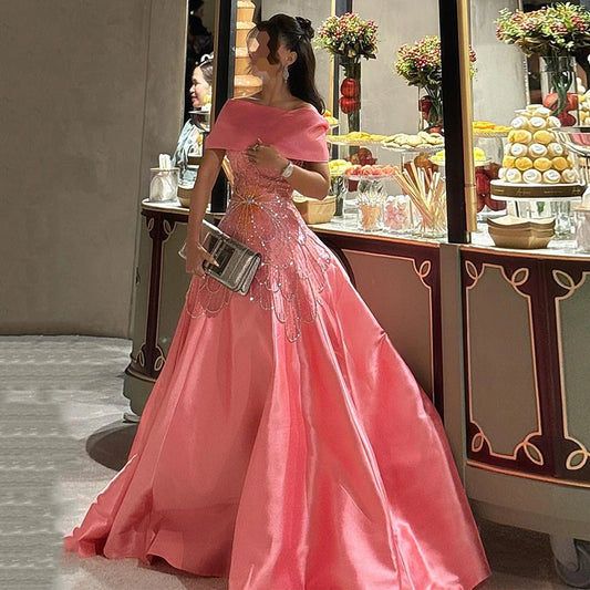 Evening Dress Customized Off The Shoulder Boat Neck Beading A Line Satin Prom Gown  Party Dresses Pageant