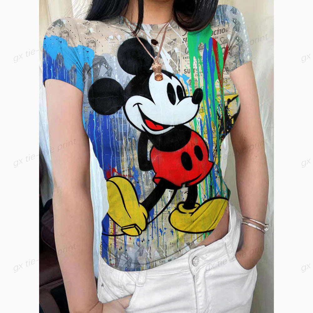 2024 Summer New Short Sleeve T-Shirt Women Mickey Mouse Print Simple Casual Soft All-Match Basic Tops Tees Summer Fashion