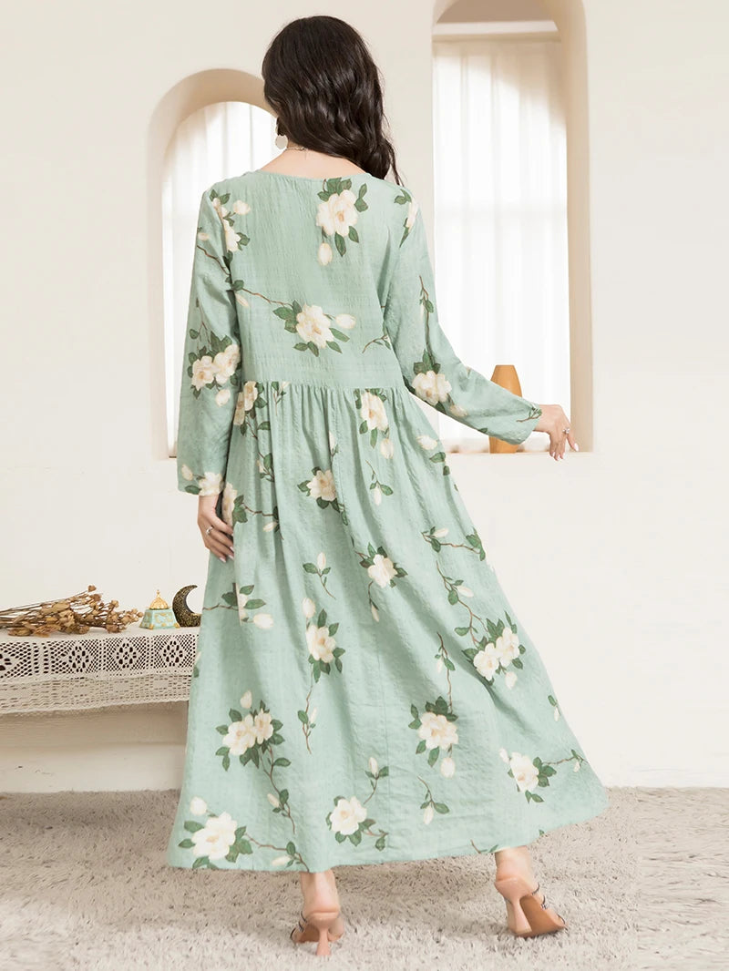 Casual Round Neck Floral Print Long Dress Mint Green for Women Stylish Regular Sleeve Spring Fashion