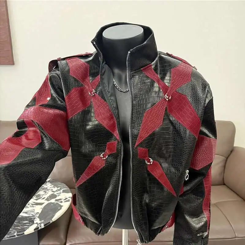 PFHQ Men's PU Leather Jacket 2025 Zipper Stand Collar Contrast Color Korea Fashion Darkwear Casual Male Tops