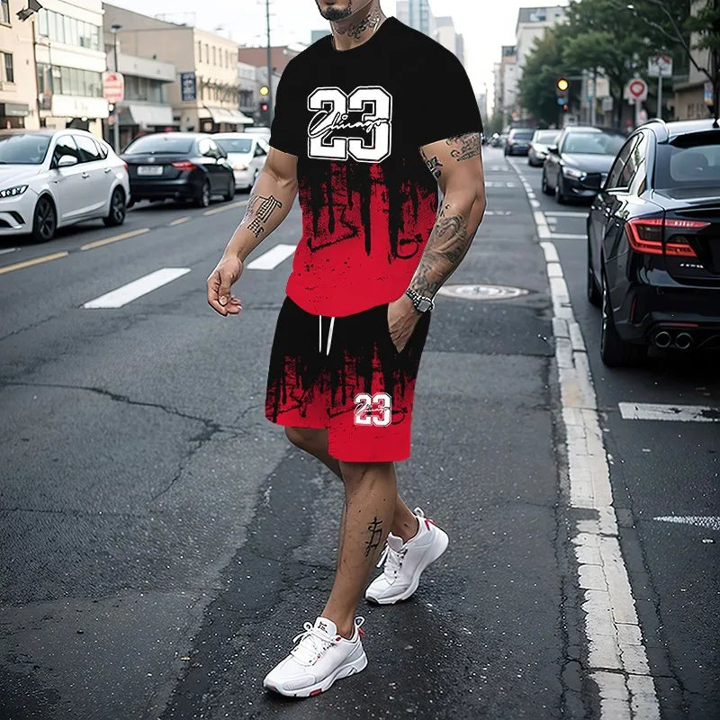 Men's Summer Fashion 3D Printed T-Shirt and Shorts Set Casual Two-Piece Outfit