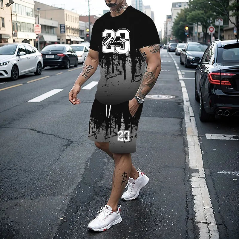 Men's Summer Fashion 3D Printed T-Shirt and Shorts Set Casual Two-Piece Outfit