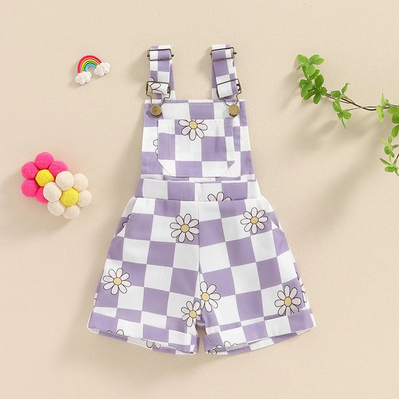 Lioraitiin Toddler Baby Girl Checkerboard Floral Print Summer Sleeveless Overalls Jumpsuit