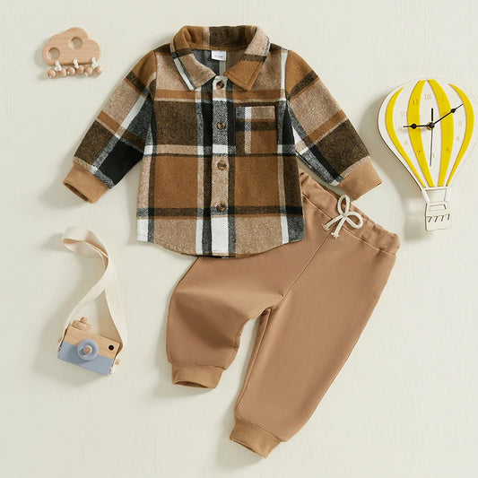 Kids Baby Boy Autumn Clothes Outfits Plaid Print Set 2 Piece