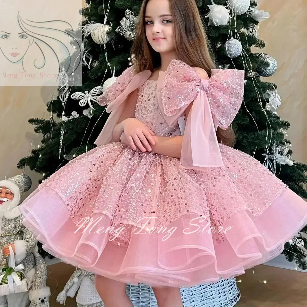 Champagne Flower Girl Dress for Wedding with Glitter Bow Cute Baby Pageant Princess First Communion Ball Gown