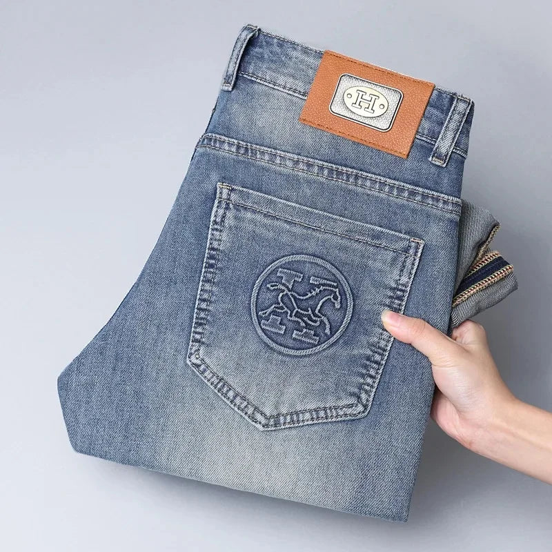 2024 Men's Fashionable Simple Stretch Slim Fit Denim Trousers European Style High Quality Casual Pants