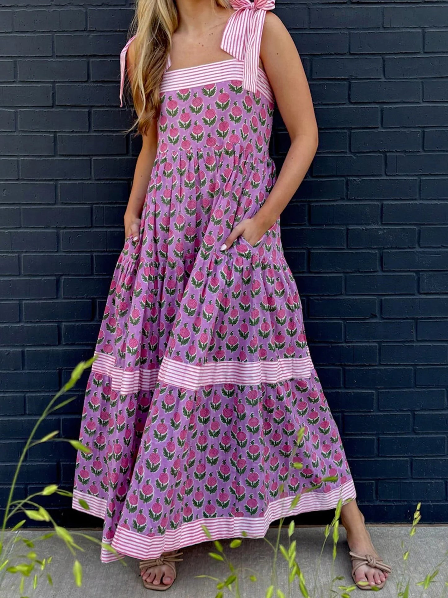 Elegant Maxi Dress with Boho Floral Print and Adjustable Tie Up Straps Sleeveless Summer Fashion Cami Dress for Women