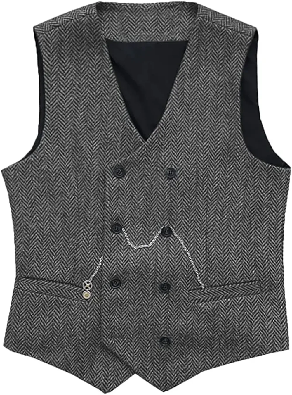 V Neck Men's Suit Vests Herringbone Wool Tweed Double Breasted Waistcoat Tuxedo Groomsmen Wedding Groom One Piece Vest
