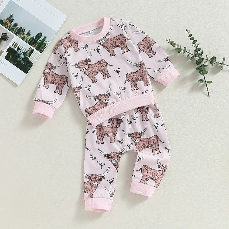 Citgeett Autumn Toddler Baby Girls Cow Print Long Sleeve Sweatshirt and Casual Pants Set Outfit