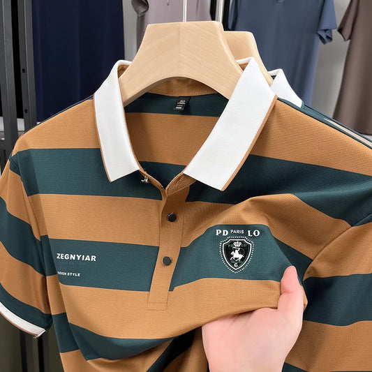 High End Fashion Striped Men's Short Sleeve Polo Shirt Summer New Brand Emblem Embossed Korean Style Comfort Casual Lapel T-Shirt
