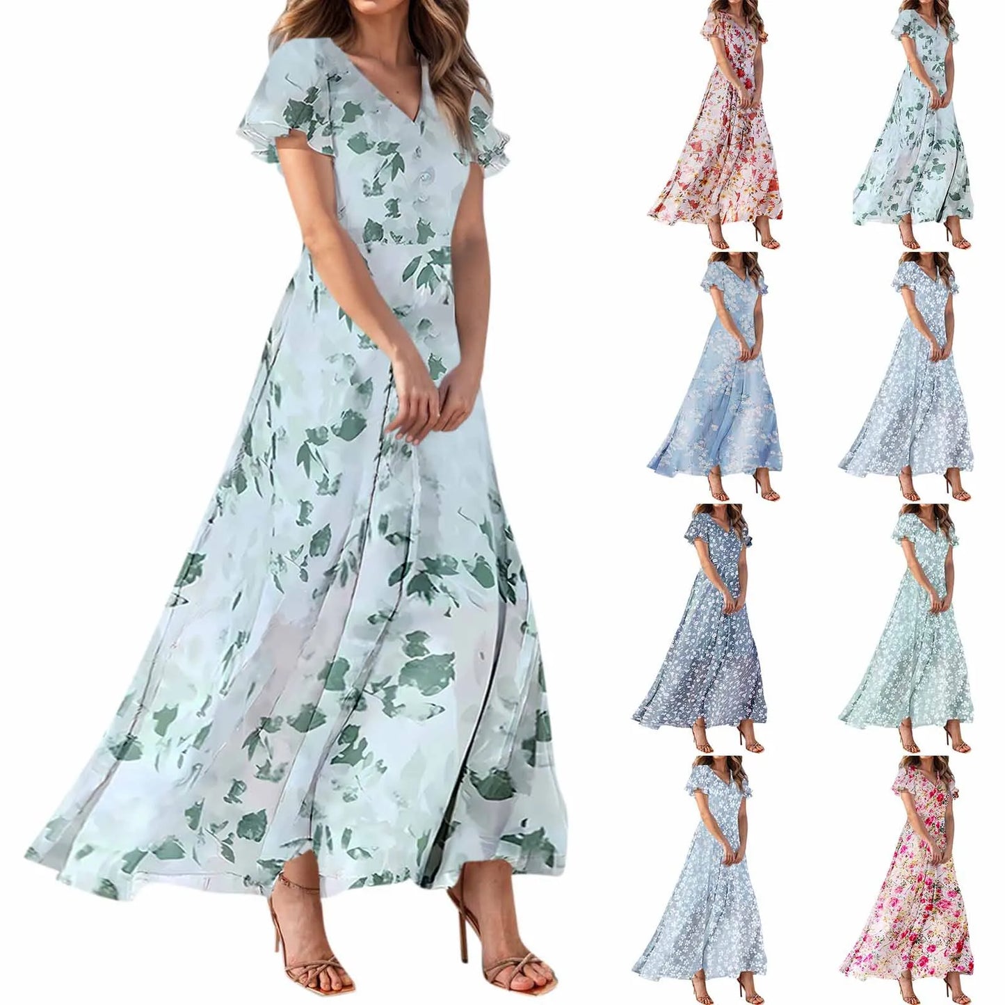 2025 Summer Dresses For Women Casual Short Sleeve Maxi Dresses Cute Floral Maxi Dress Evening Party Wedding Guest Dresses