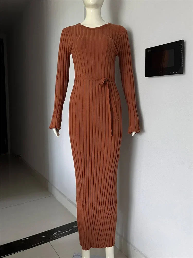 Tossy Lace-Up Female Knit Maxi Dress Autumn High Waist