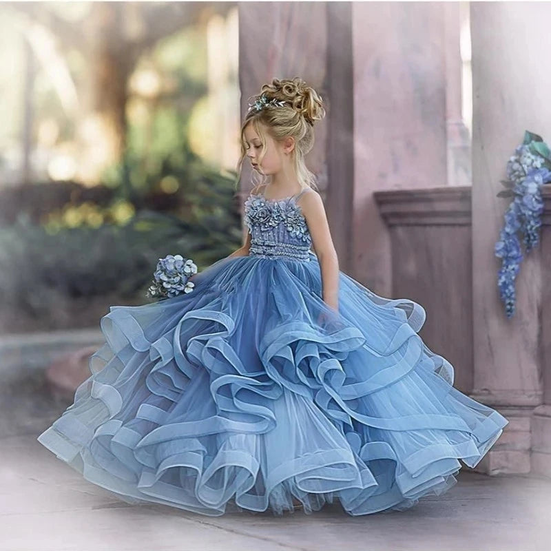 Formal Lace Appliques Shiny Princess Flower Girl Dress Floor Length Pleat Spaghetti Strap Luxury Full Ball Gown