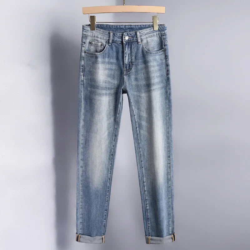 2024 Men's Fashionable Simple Stretch Slim Fit Denim Trousers European Style High Quality Casual Pants