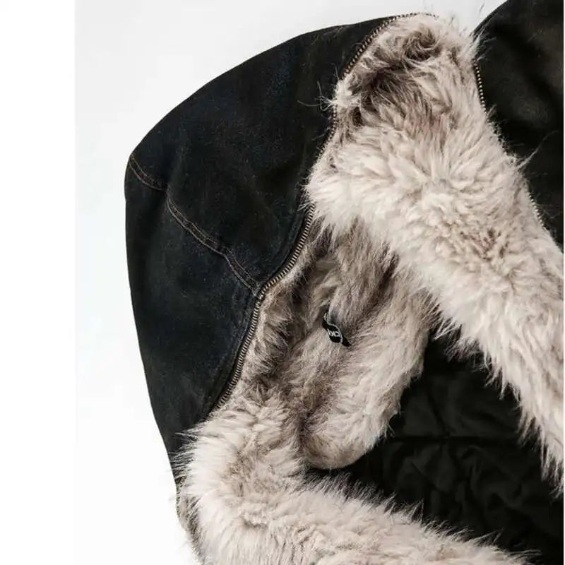 PFNW Menswear Thickened Denim Quilted Padded Jacket Autumn Winter Trend 2024 New Oversized Fur Collar Hooded Coat