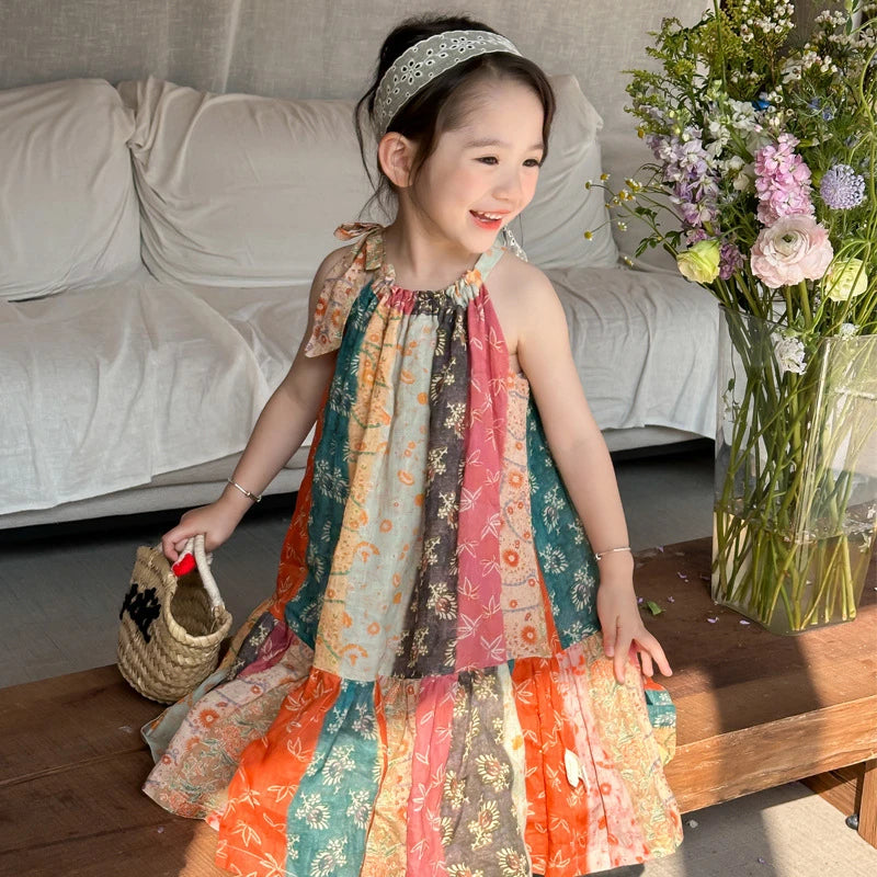 Girls Casual Dresses Floral Print Halter Sleeveless Top Dress